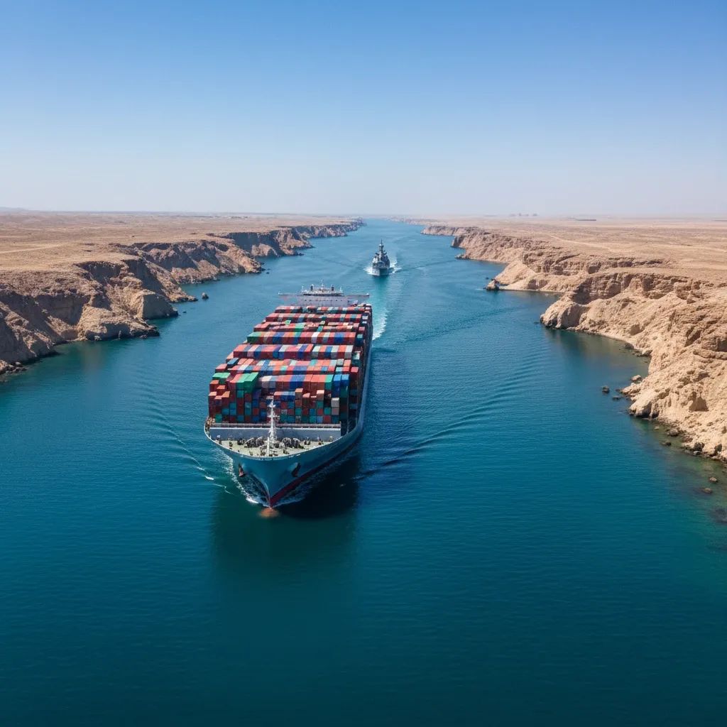 Commercial container ship transiting through narrow strait with military destroyer escort in background