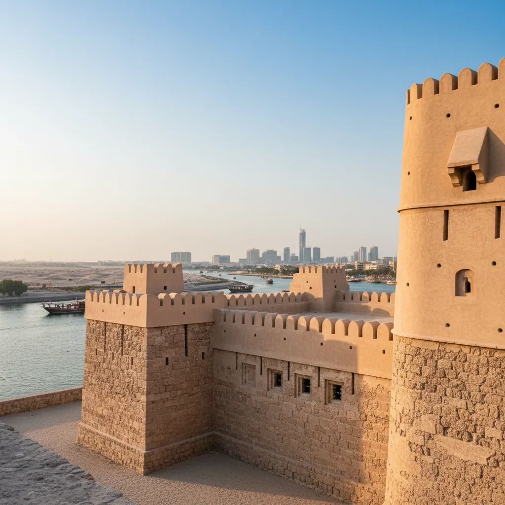 Historic Al Fahidi Fort with traditional coral-stone architecture and defensive towers overlooking Dubai Creek