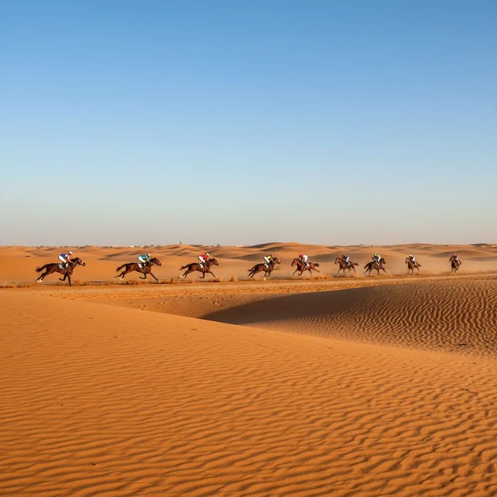 Arabian horses racing on Al Ain's natural sand racecourse under desert sunlight
