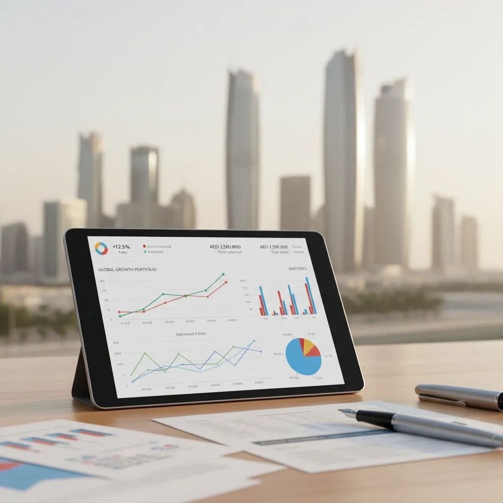 Financial investment dashboard displaying dividend growth charts with modern UAE office setting in background