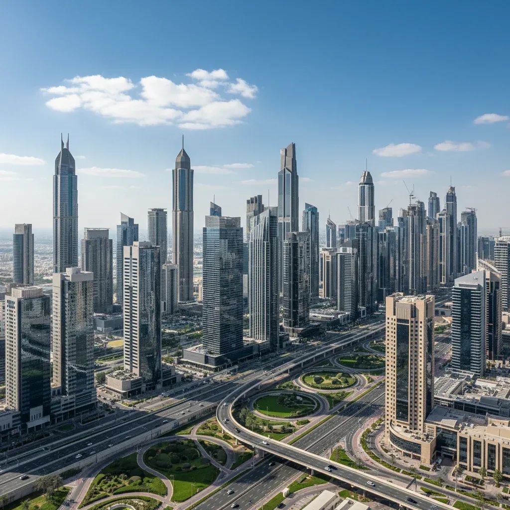 Modern Dubai office towers and business district skyline showing commercial real estate development