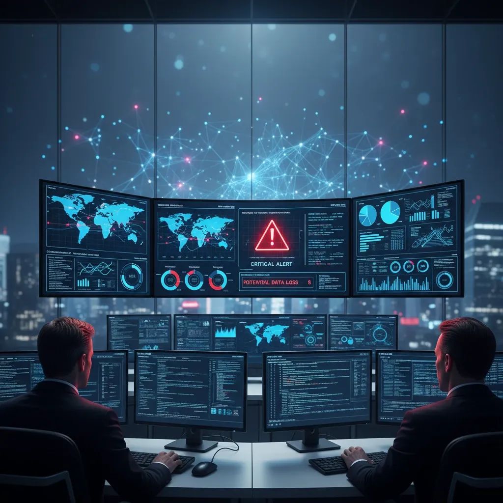 Cybersecurity monitoring center with digital alerts and network security systems displayed on multiple screens
