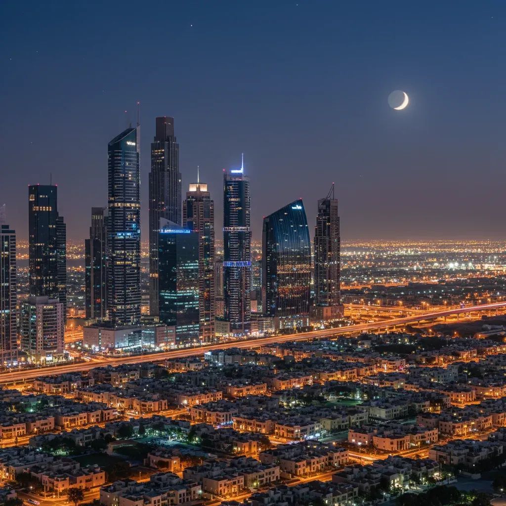 Dubai nighttime skyline with densely packed residential towers under ambient lighting