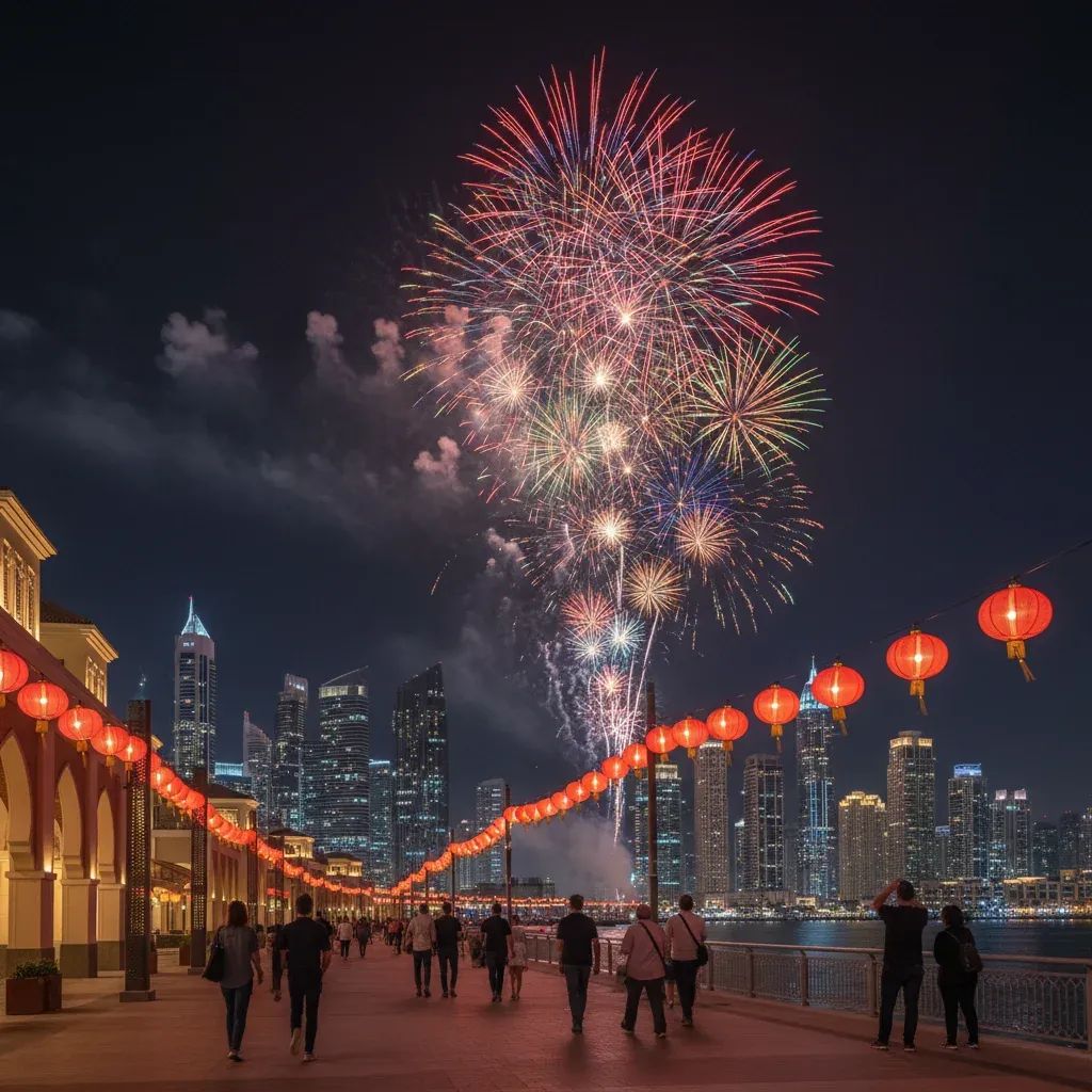 Dubai promenade aglow with red Chinese lanterns and fireworks during the Spring Festival celebrations