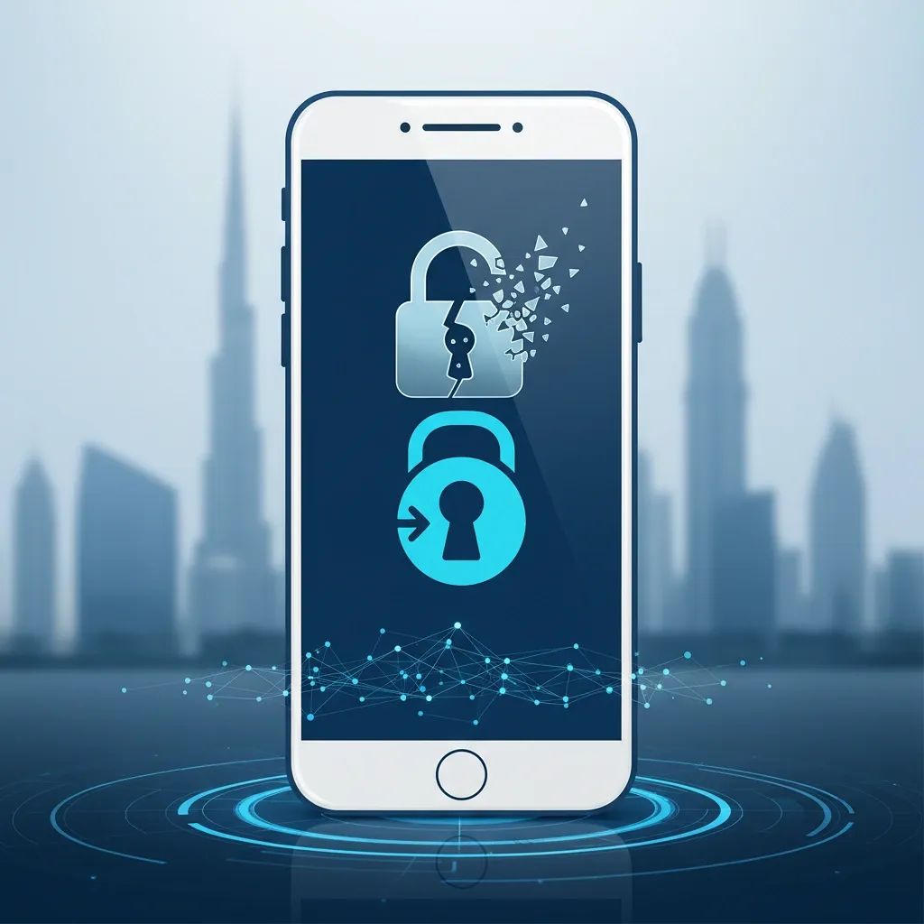 Smartphone displaying a passkey icon and broken padlock against an UAE city skyline