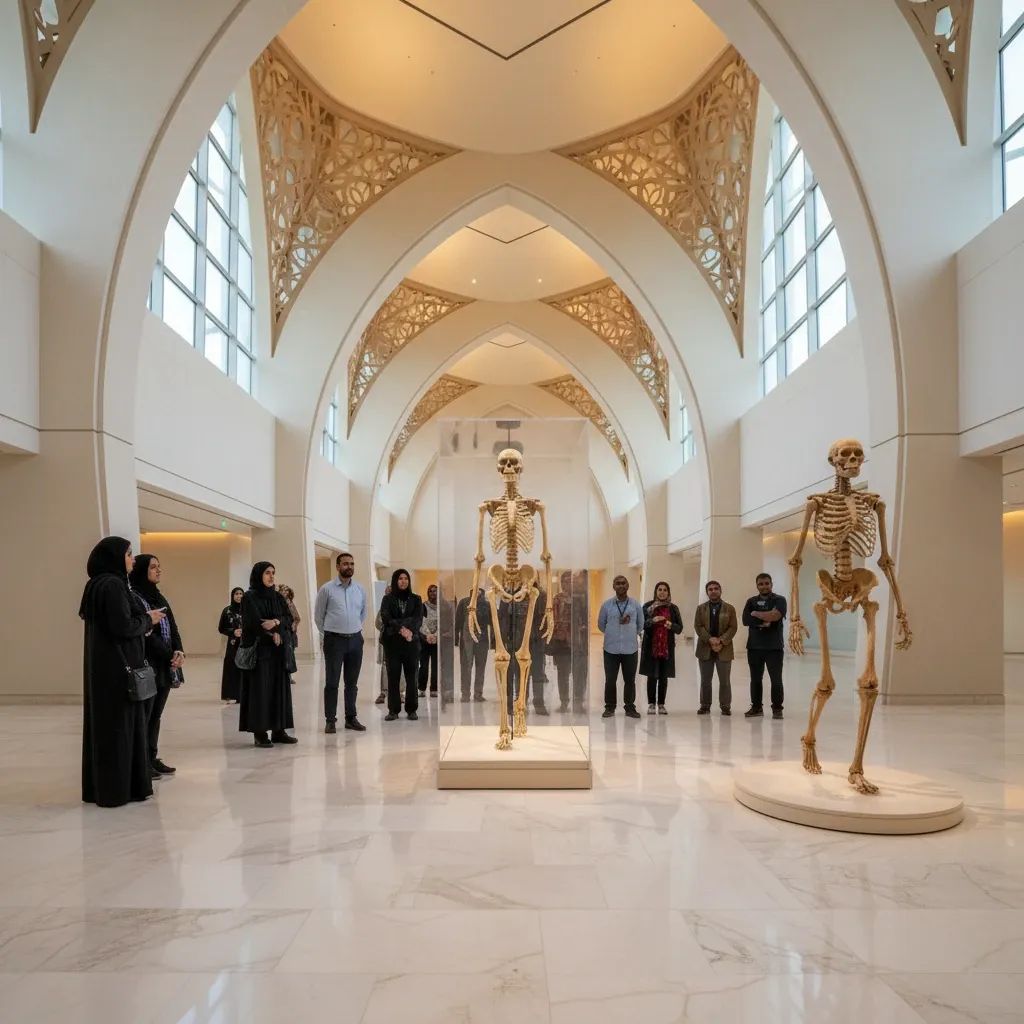 Visitors observe an ancient hominin skeleton in a well-lit gallery at Abu Dhabi’s Natural History Museum