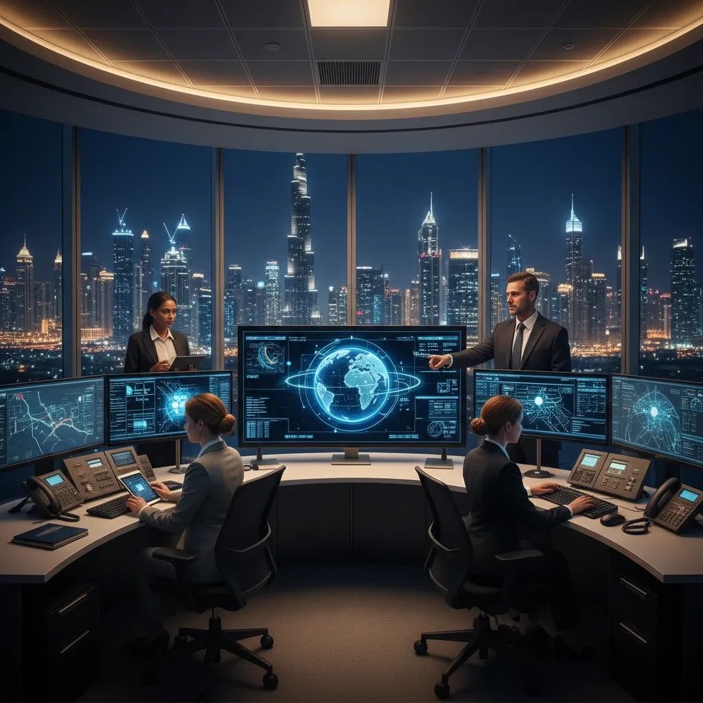 Military operations control room with professionals monitoring regional security situation near Dubai skyline