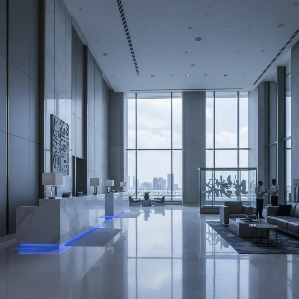 Empty hotel lobby in Dubai showing impact of tourism crisis and reduced occupancy