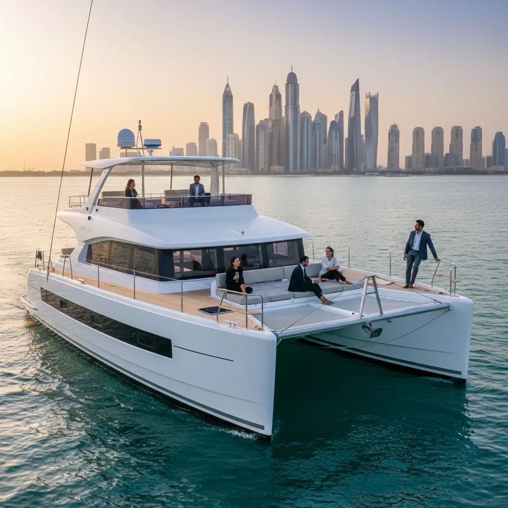 Modern catamaran yacht anchored in coastal waters with passengers enjoying maritime recreation