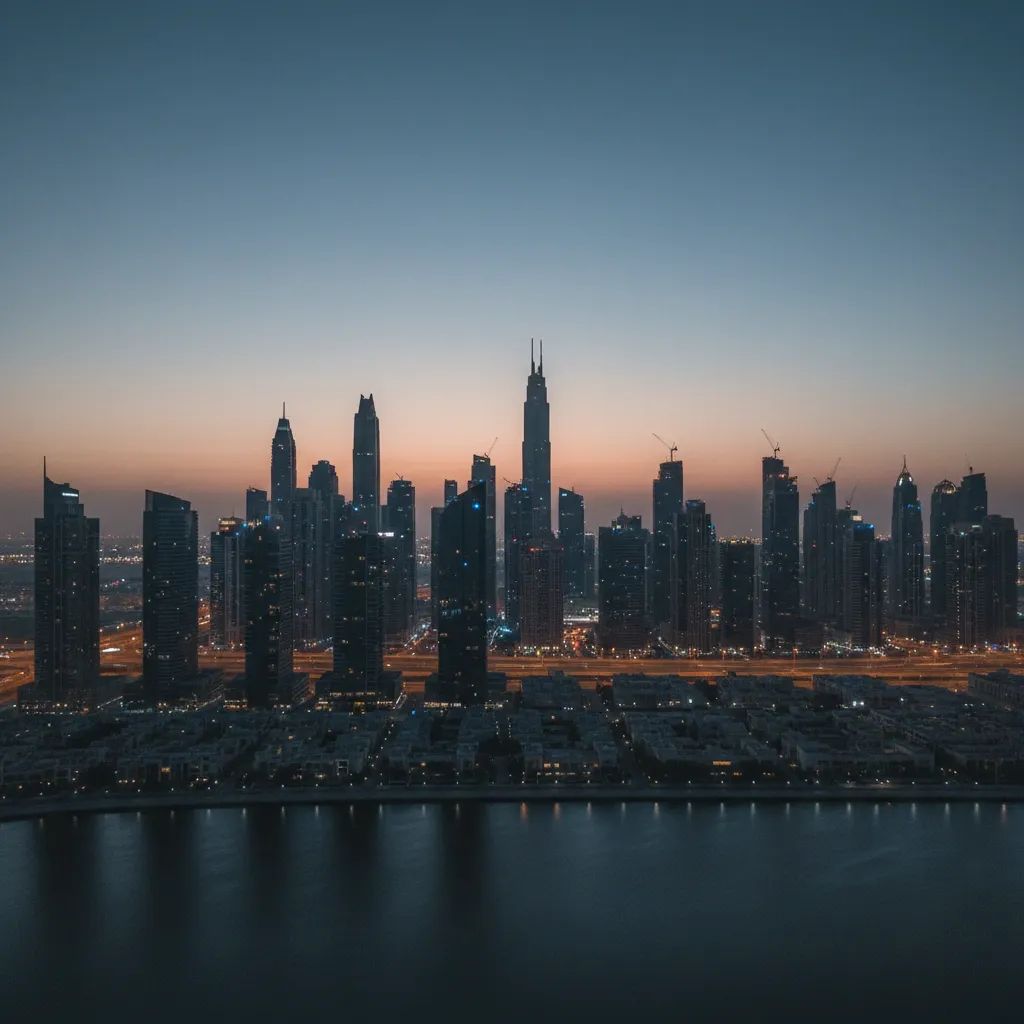 Gulf city skyline with emergency response lighting during security crisis alert