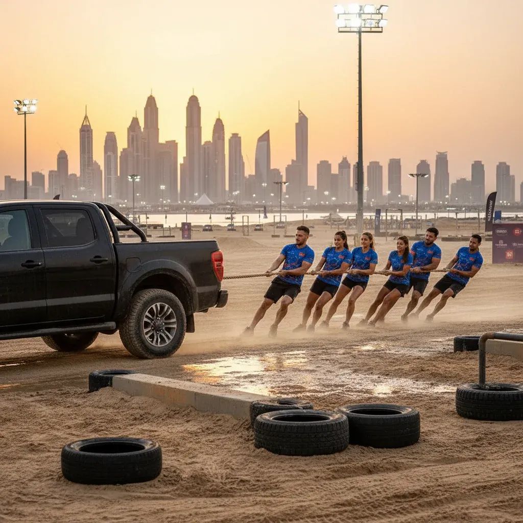 Team of athletes hauling a pickup truck together during a Dubai obstacle race at dusk