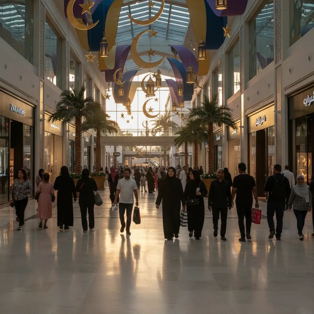 Diverse shoppers walking through vibrant UAE mall corridor with Ramadan decorations during Eid season