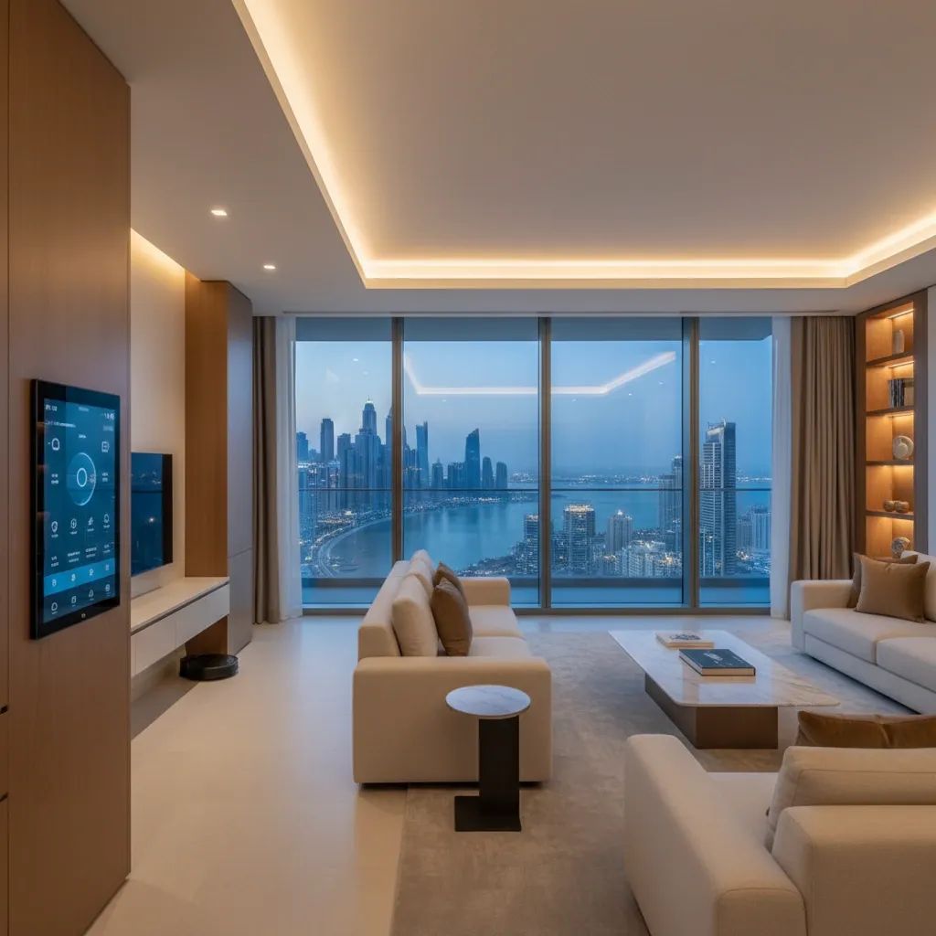 Modern luxury apartment interior with panoramic views of Dubai waterfront and city skyline