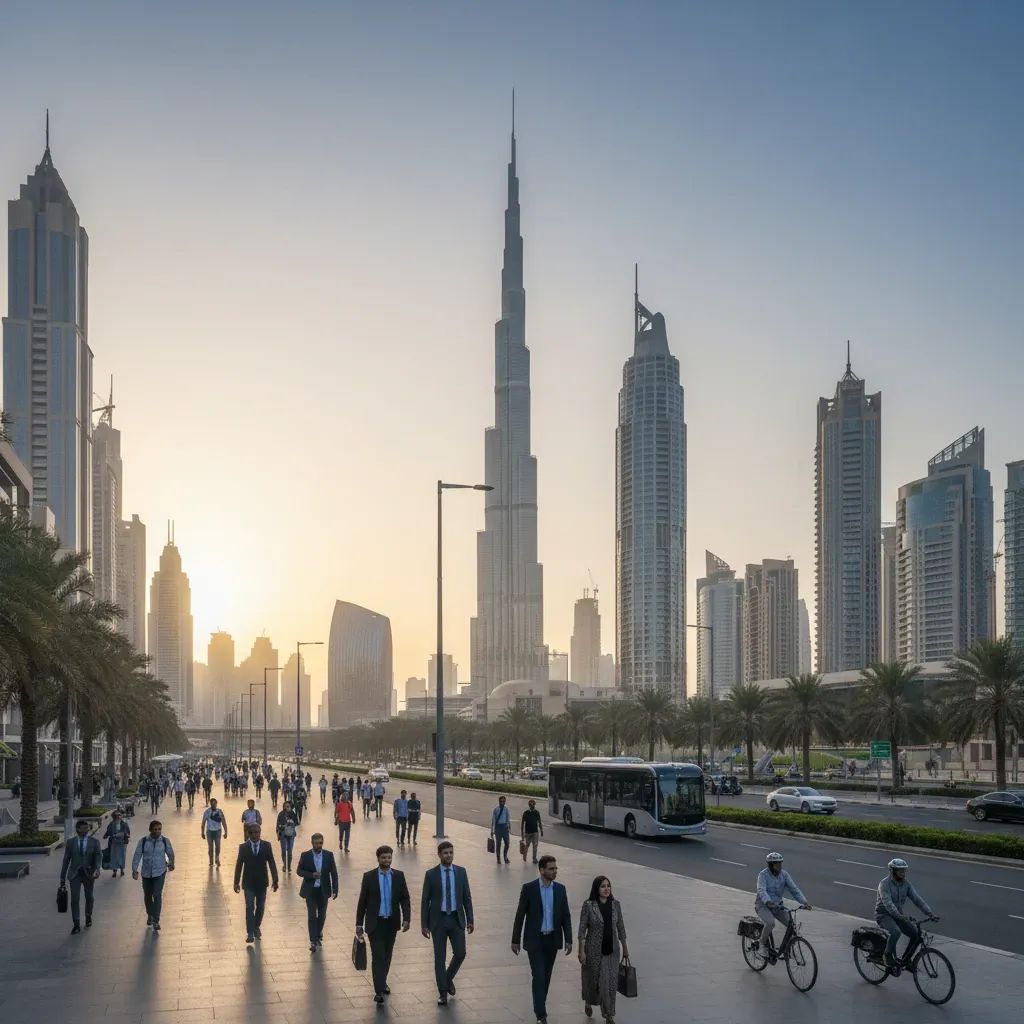 Diverse expatriates commuting in modern UAE city street with skyline in background