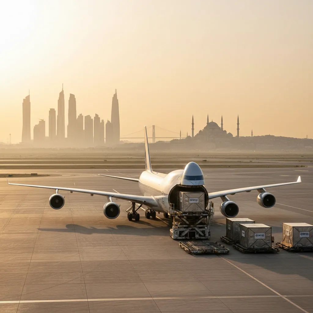 Commercial aircraft loading cargo with blended Gulf and Turkish skylines, illustrating growing UAE-Türkiye air trade