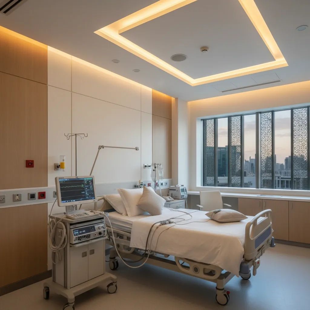 Modern sleep clinic diagnostic room with monitoring equipment and comfortable patient bed in contemporary hospital setting