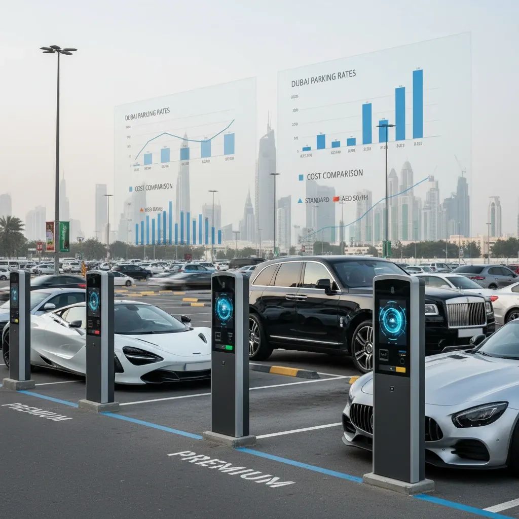 Dubai parking facility showing modern payment terminals and parked vehicles in premium parking zone