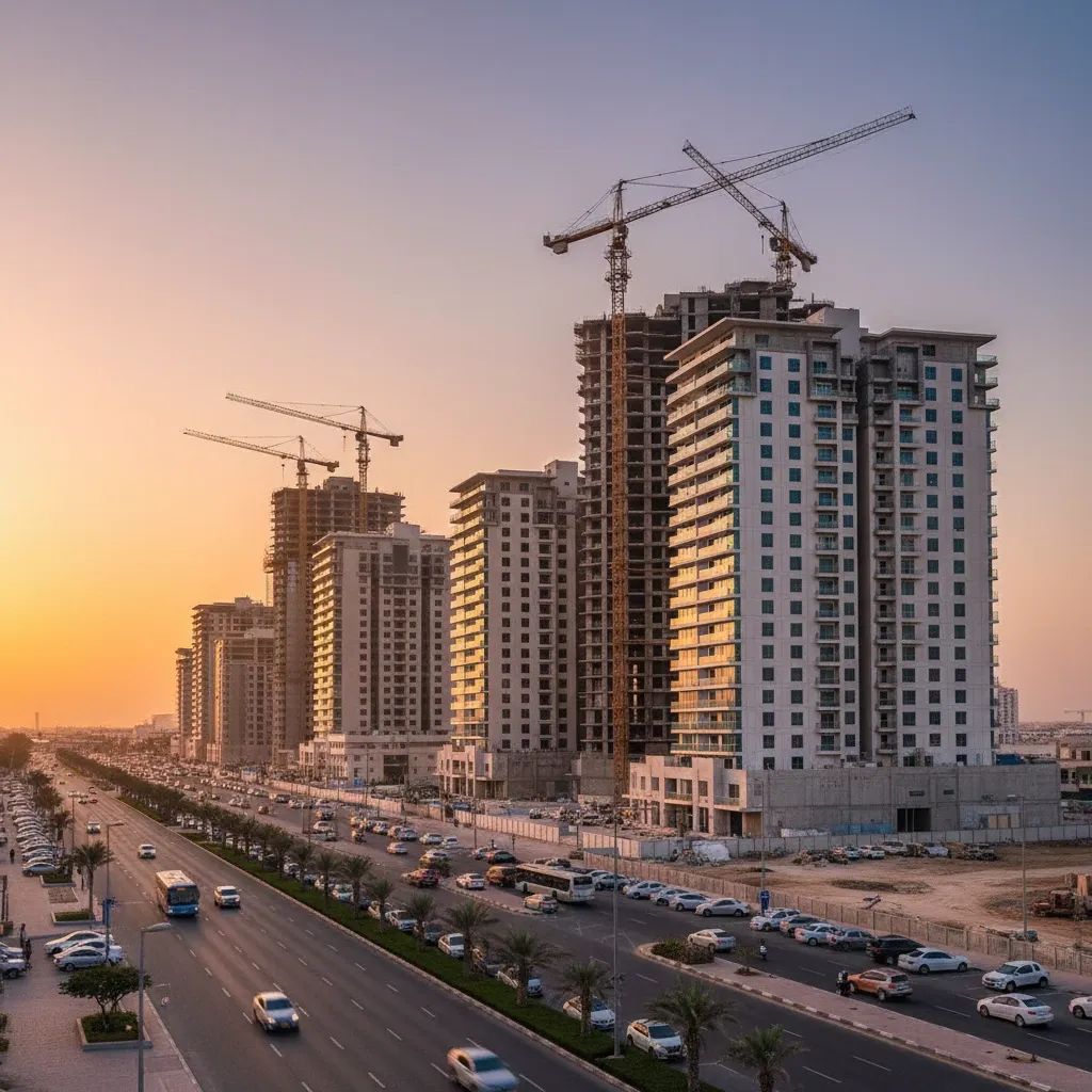 Ajman waterfront lined with new residential towers and construction cranes symbolising rapid rent growth