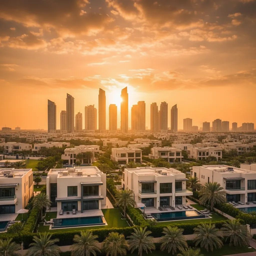 Dubai residential skyline with villas and towers at golden hour reflecting real estate growth