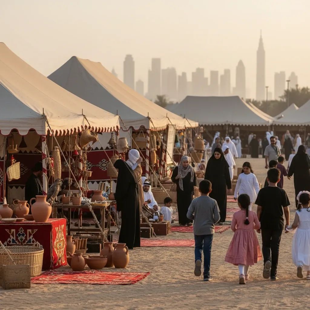 Families browse traditional craft stalls at a vibrant outdoor Sharjah Heritage Days festival