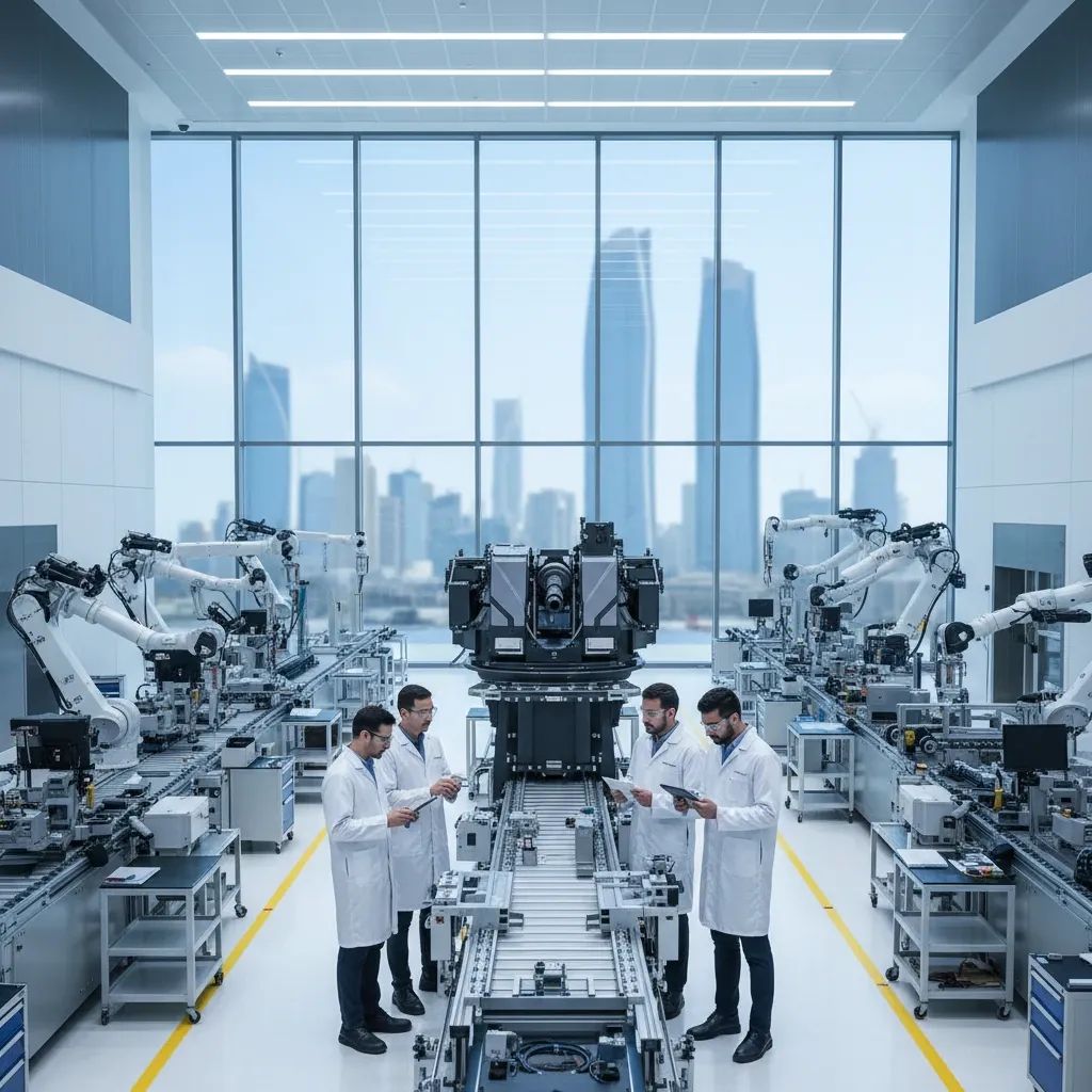 Engineers assembling advanced weapon systems in UAE defence manufacturing facility with modern industrial equipment