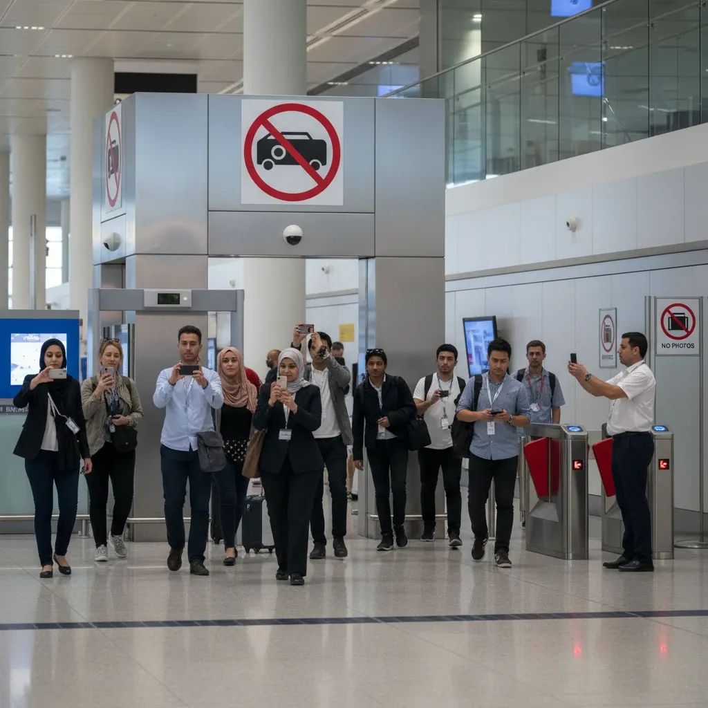 Airport and metro security areas with no photography warning signs, representing UAE security restrictions