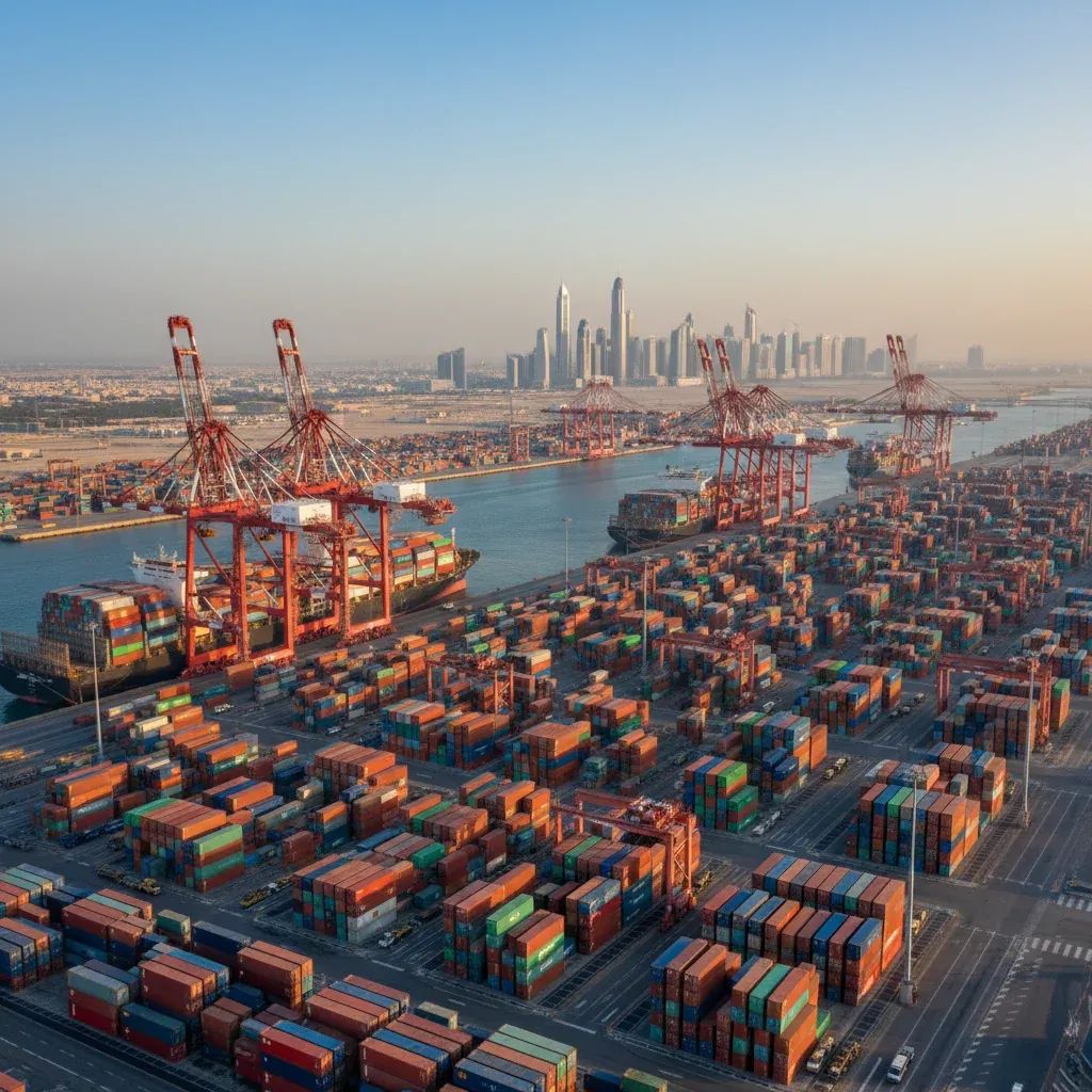 Aerial panorama of stacked cargo containers and cranes at Jebel Ali Port ahead of Ramadan trade