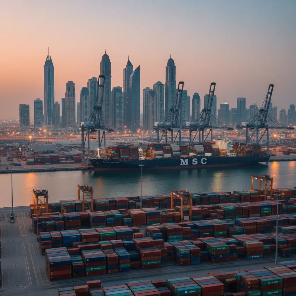 Cargo containers stacked at Dubai port representing international trade and commerce between UAE and Europe