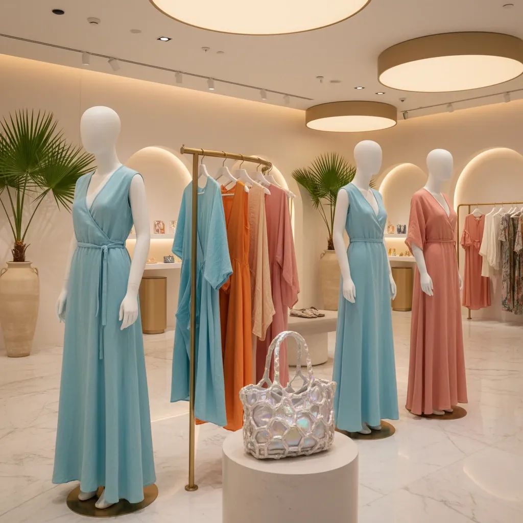 Dubai pop-up boutique interior with mannequins showcasing limited-edition Saudi resortwear