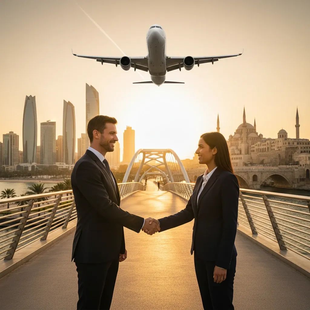 Businessmen shake hands with merged Abu Dhabi and Istanbul skylines in background, illustrating new UAE-Turkey trade pact
