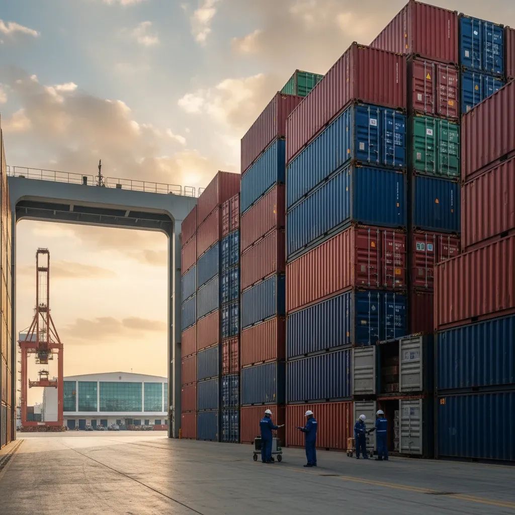 Cargo containers at a shipping port, representing international supply chain and customs enforcement activities