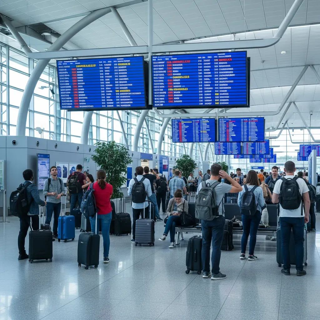 Airport terminal with travelers checking departure boards and cancelled flight information on screens